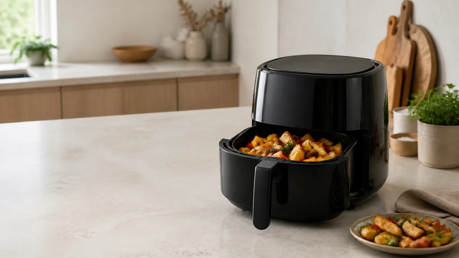 Airfryer med krispiga grönsaker och potatis på en ljus köksbänk