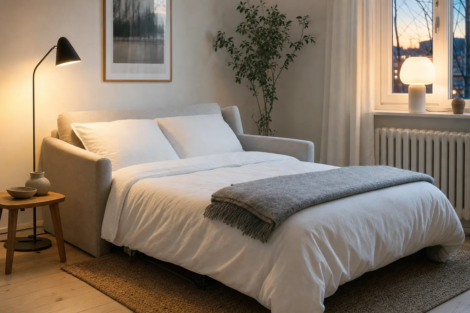 Utfälld bäddsoffa med vita lakan och kuddar i ett litet ljust vardagsrum en kväll