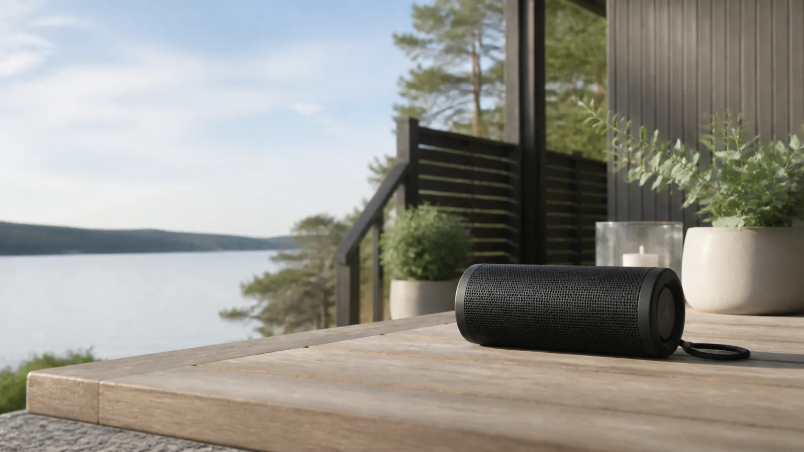Bärbar Bluetooth-högtalare på ett träbord vid en svensk uteplats