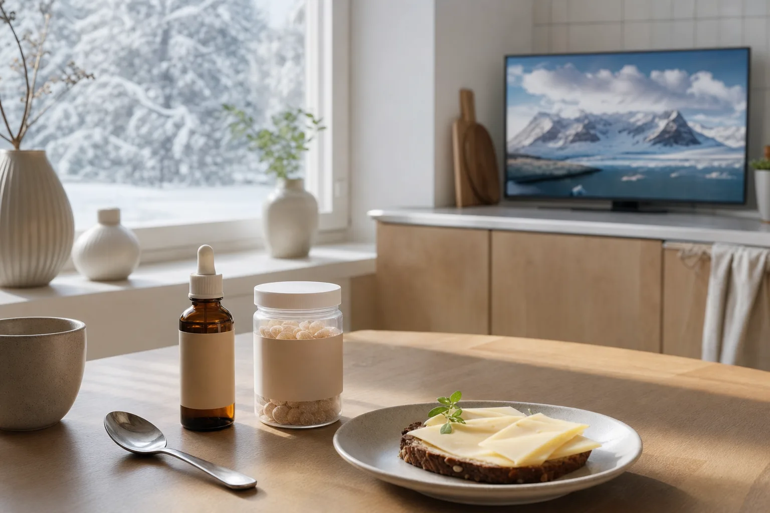 Flaska med D-vitamindroppar, en burk tuggtabletter och en tesked på ett köksbord en snöig vintermorgon