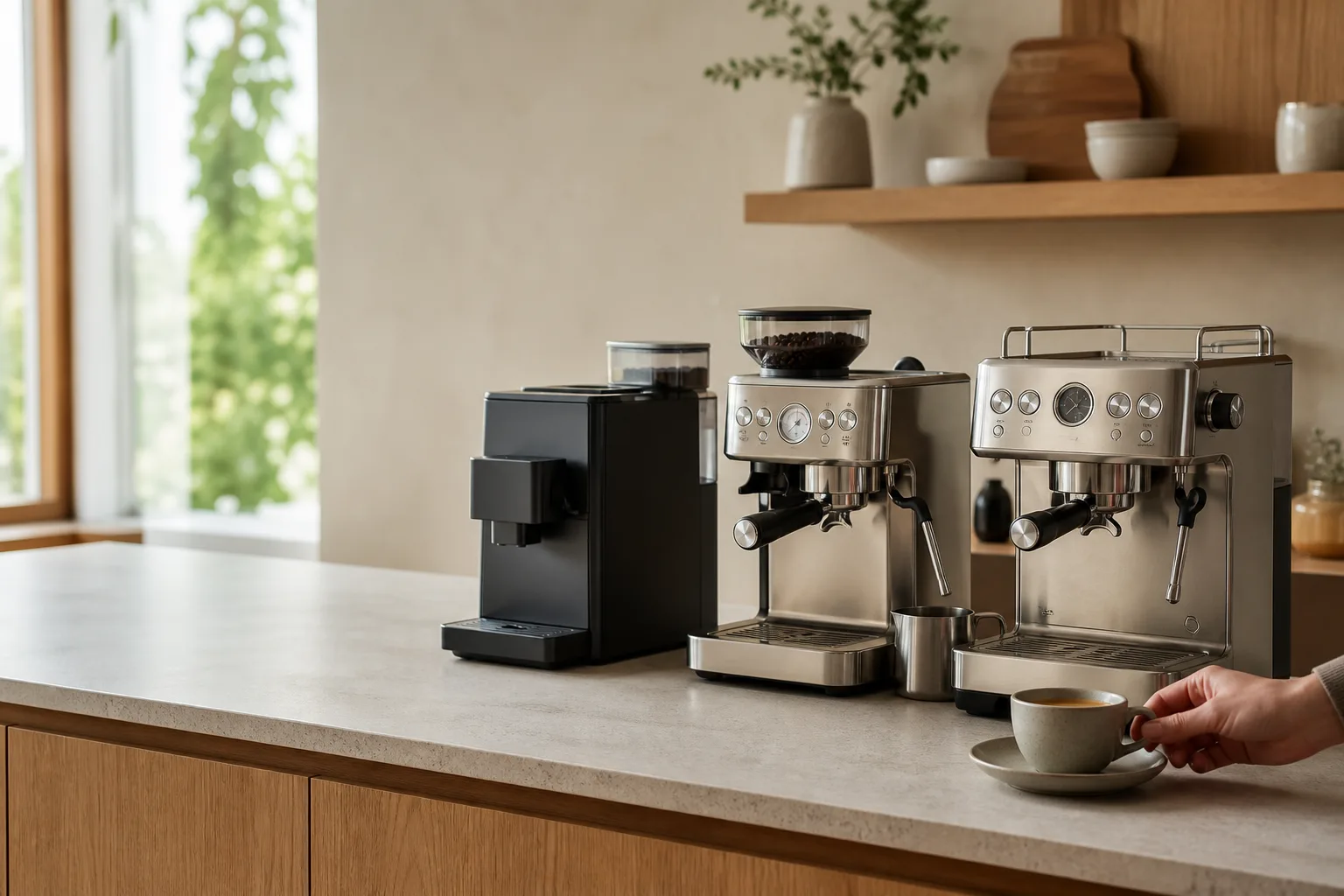 Tre espressomaskiner jämförs i ett ljust nordiskt kök