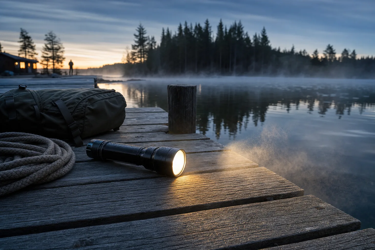 Laddbar ficklampa på en träbrygga i skymningen som lyser ut över en dimmig sjö
