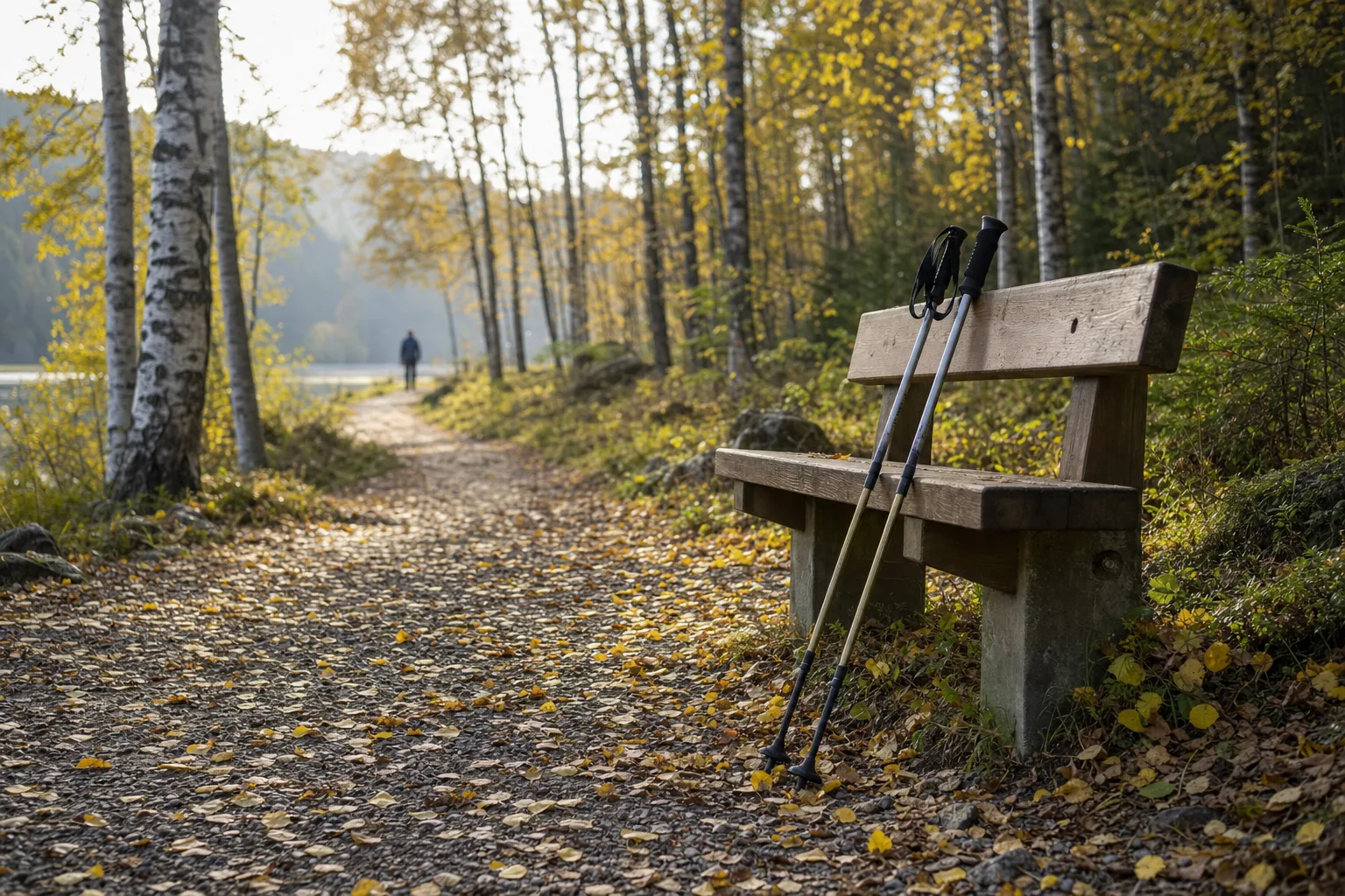Ett par gåstavar med gummifötter lutade mot en parkbänk vid en grusväg i höstlig björkskog