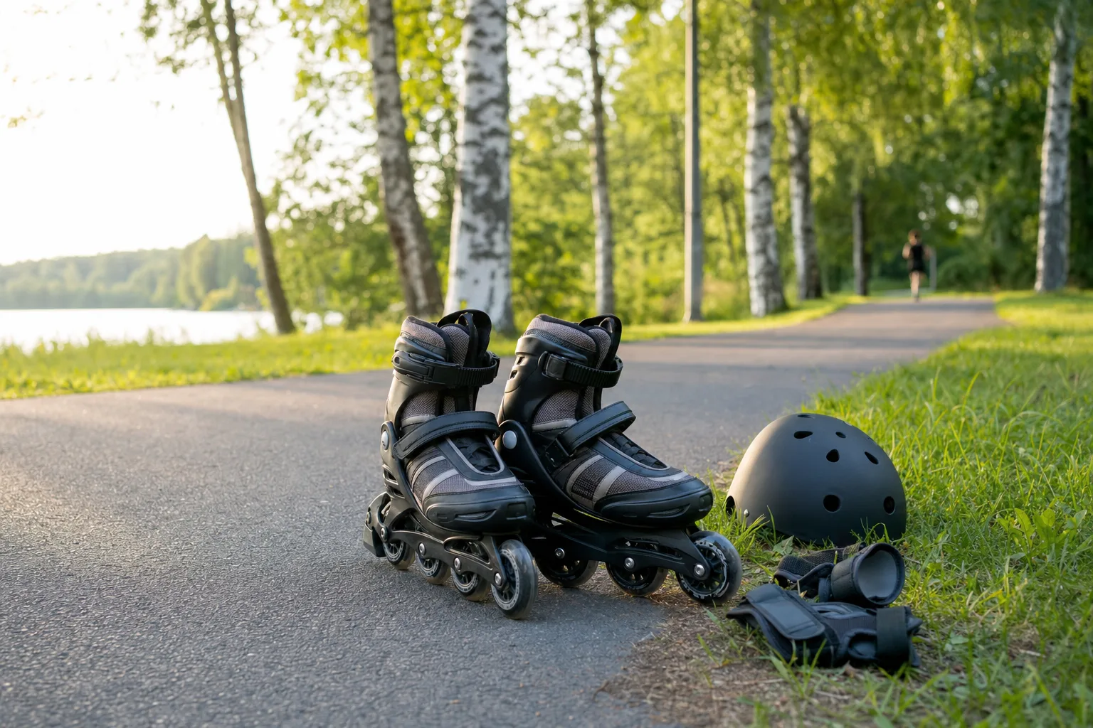 Ett par inlines på en asfalterad cykelväg i en park, med hjälm och handledsskydd i gräskanten
