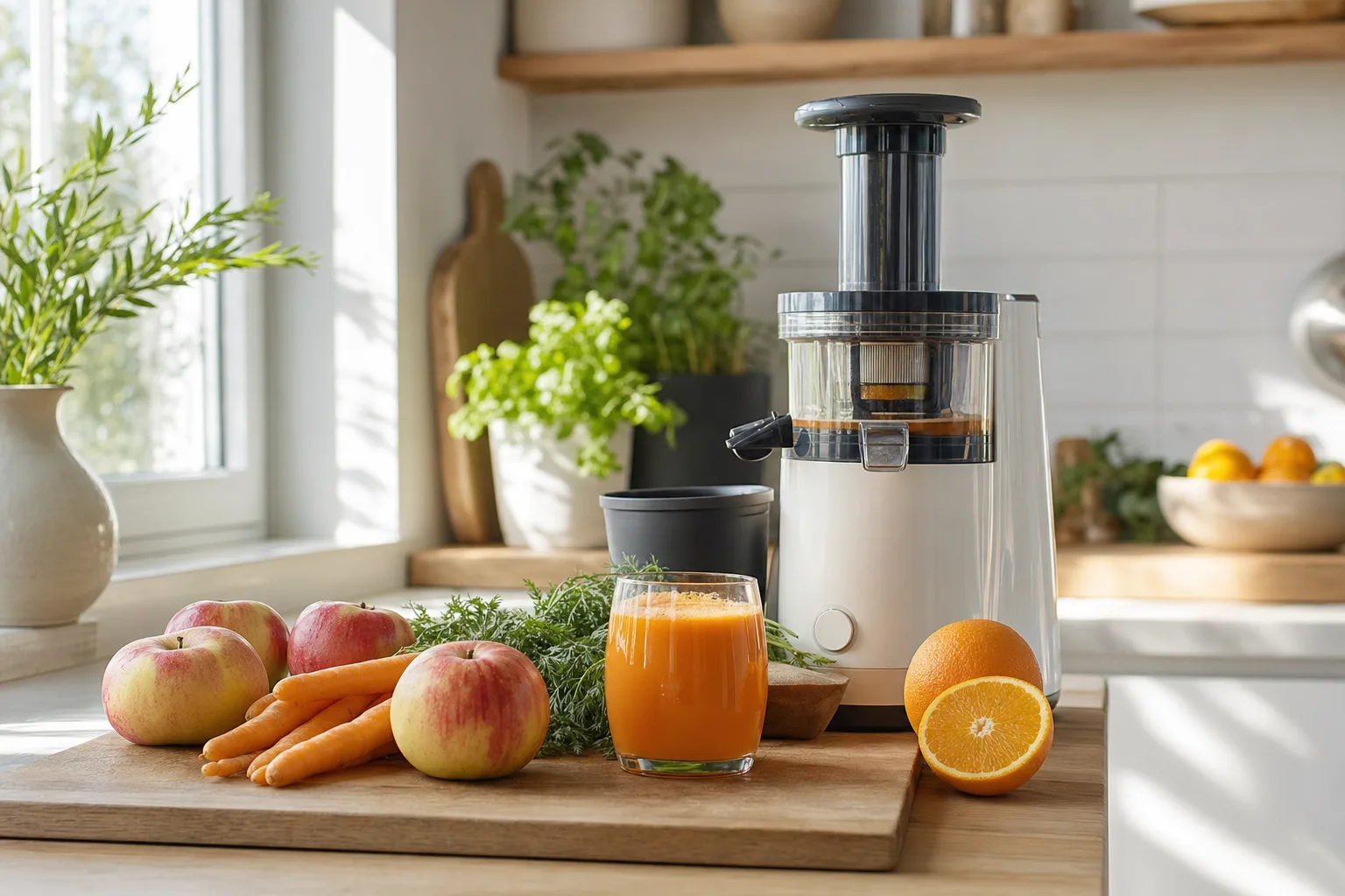 Elektrisk juicepress på en ljus köksbänk med äpplen, morötter, apelsiner och ett glas färsk juice
