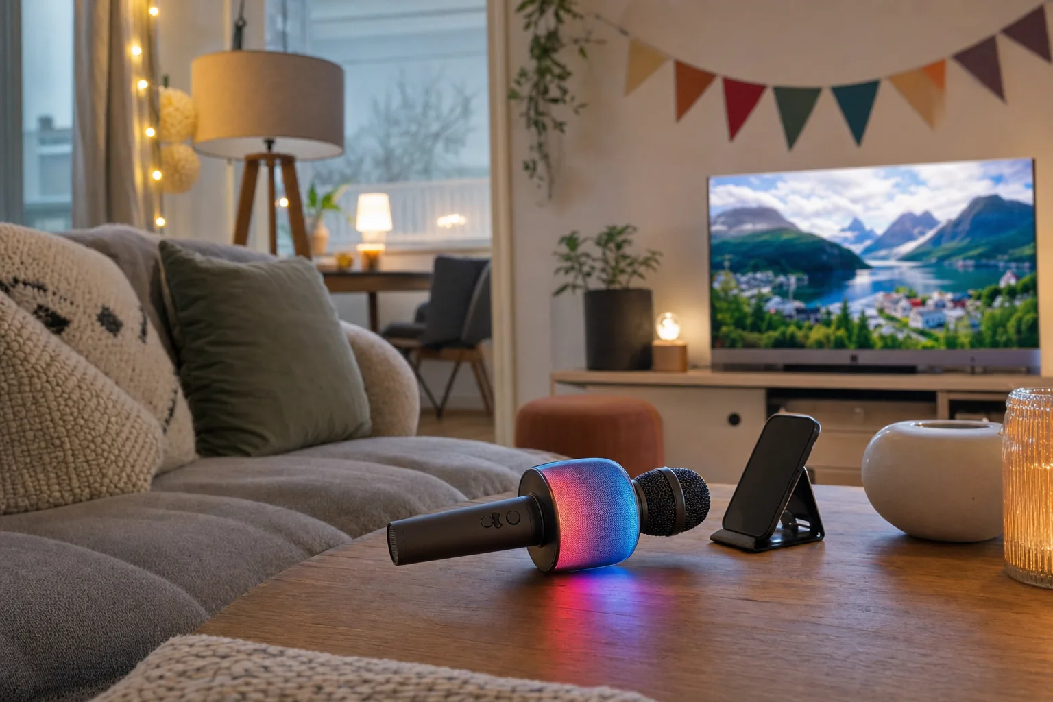 Karaokemikrofon med inbyggd högtalare och färgat ljus på ett soffbord i ett festpyntat vardagsrum