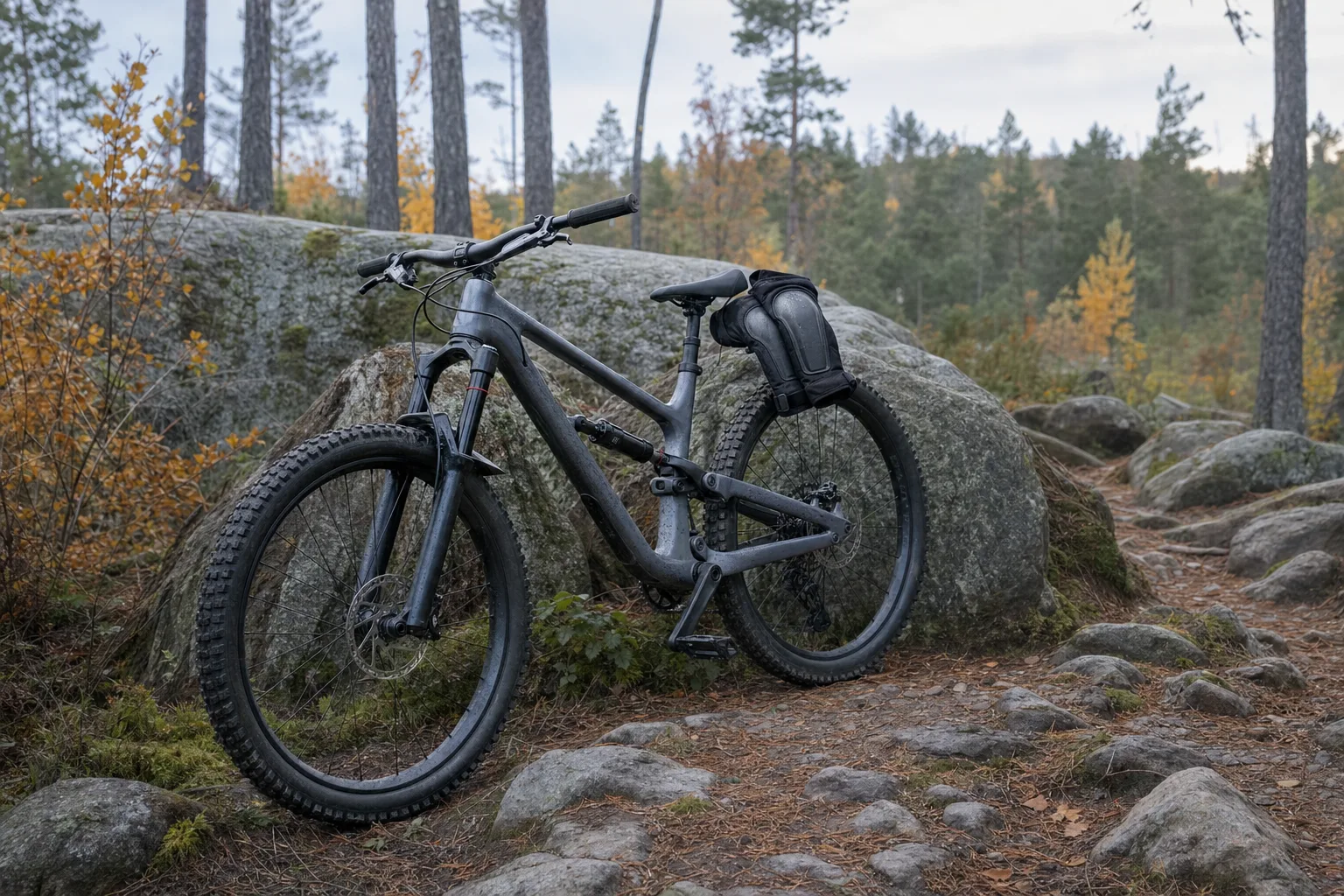 Ett par knäskydd för mountainbike ligger på sadeln till en cykel vid en stenig skogsstig