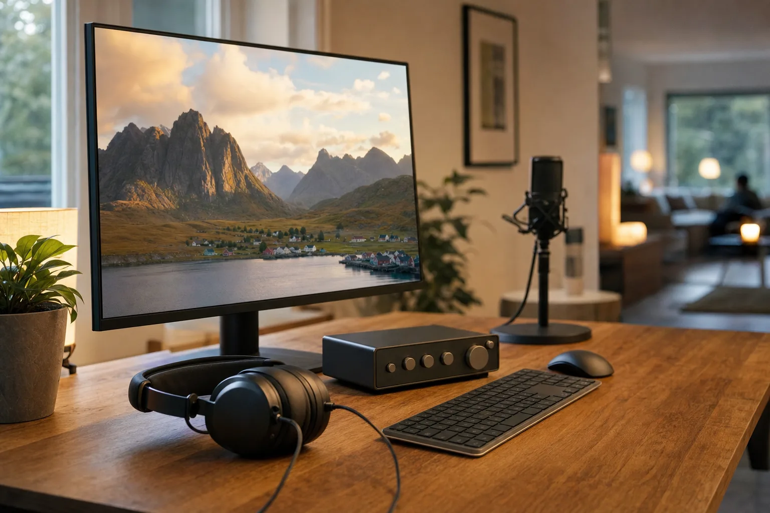 Externt ljudkort på ett skrivbord med hörlurar, mikrofon och dator i en hemmastudio