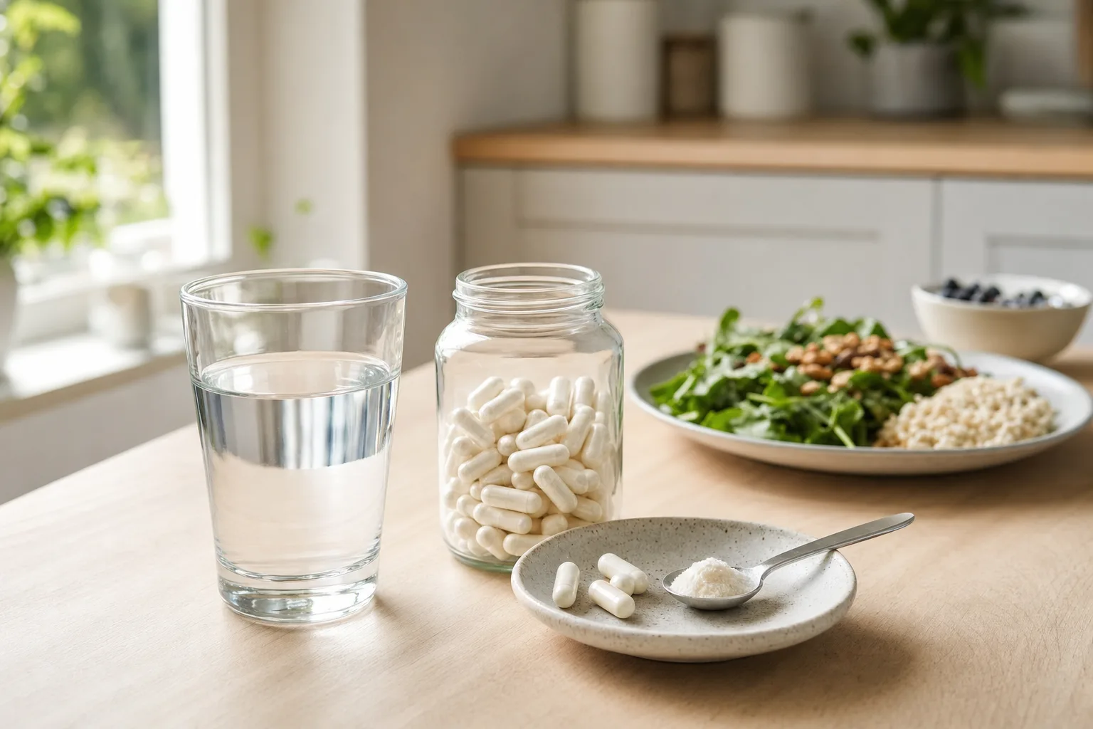 Magnesiumkapslar i en glasburk och en tesked pulver bredvid ett vattenglas på ett köksbord i morgonljus
