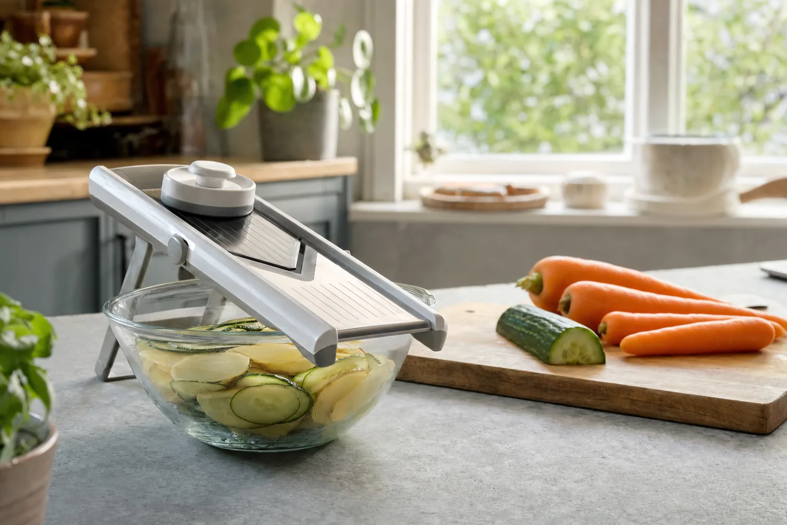 Mandolin över en glasskål med tunna potatisskivor på en köksbänk i dagsljus