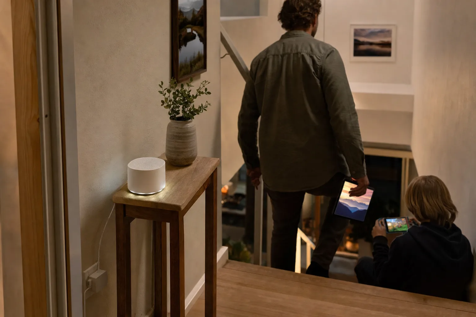 Mesh-enhet på hallbord på övervåningen i tvåvåningshus medan man går uppför trappan med surfplatta