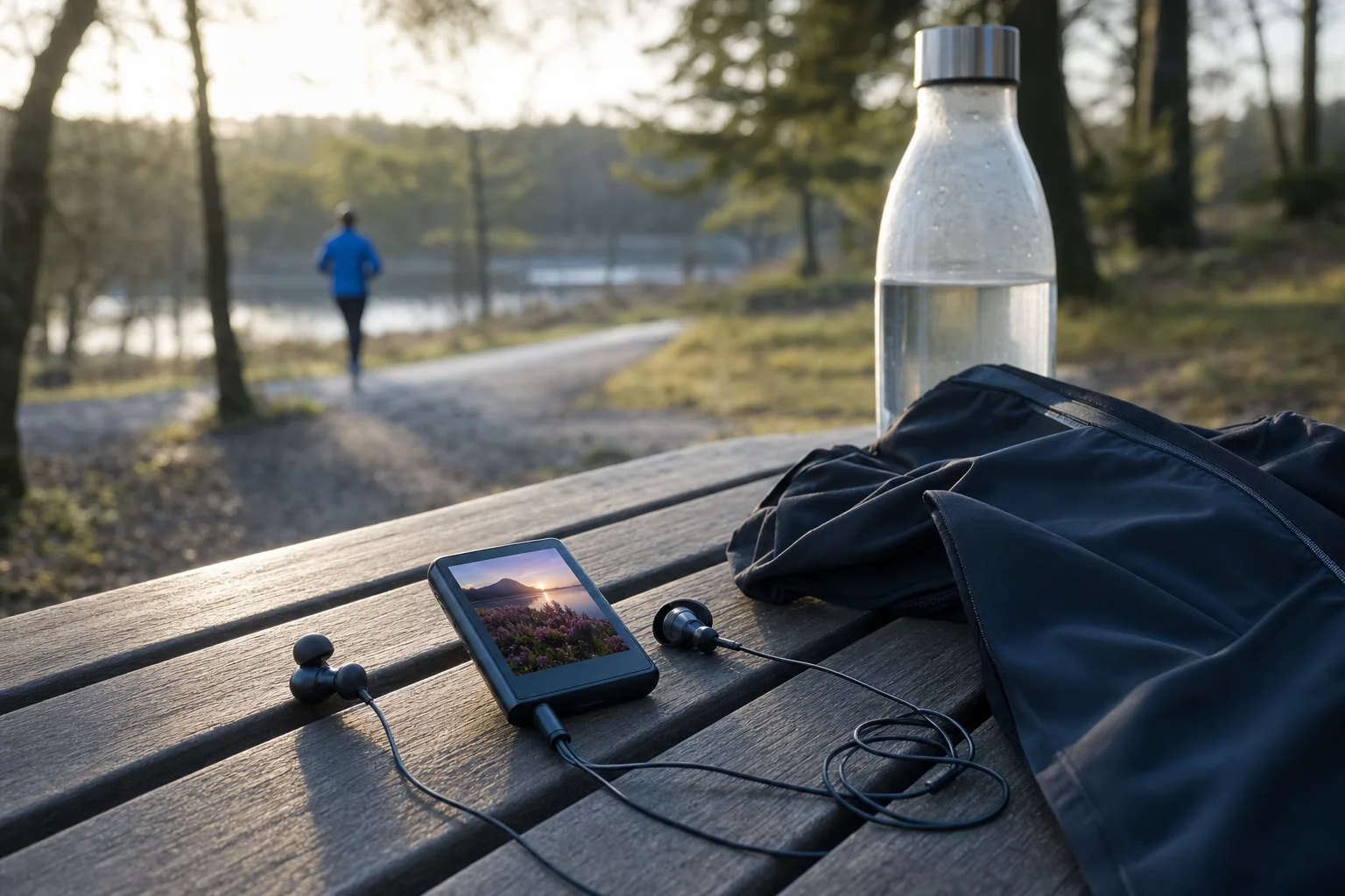 Liten mp3-spelare med sladdhörlurar på en träbänk i en park en morgon