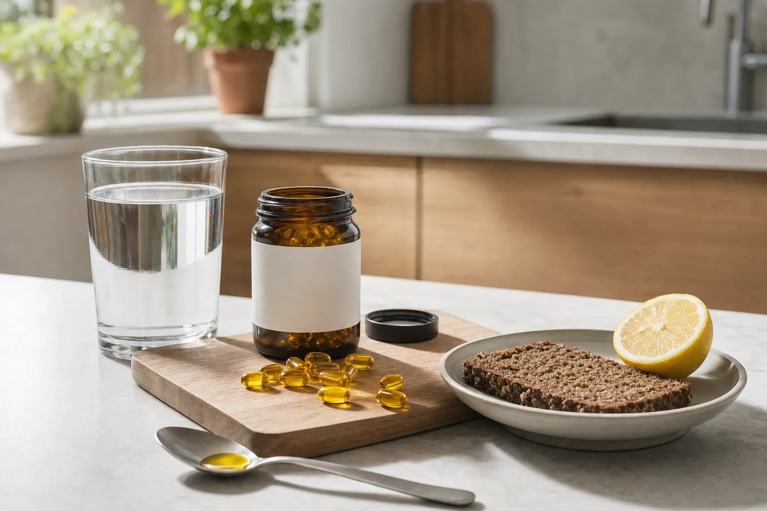 Gula omega-3-kapslar och en sked olja på en köksbänk bredvid ett glas vatten i morgonljus