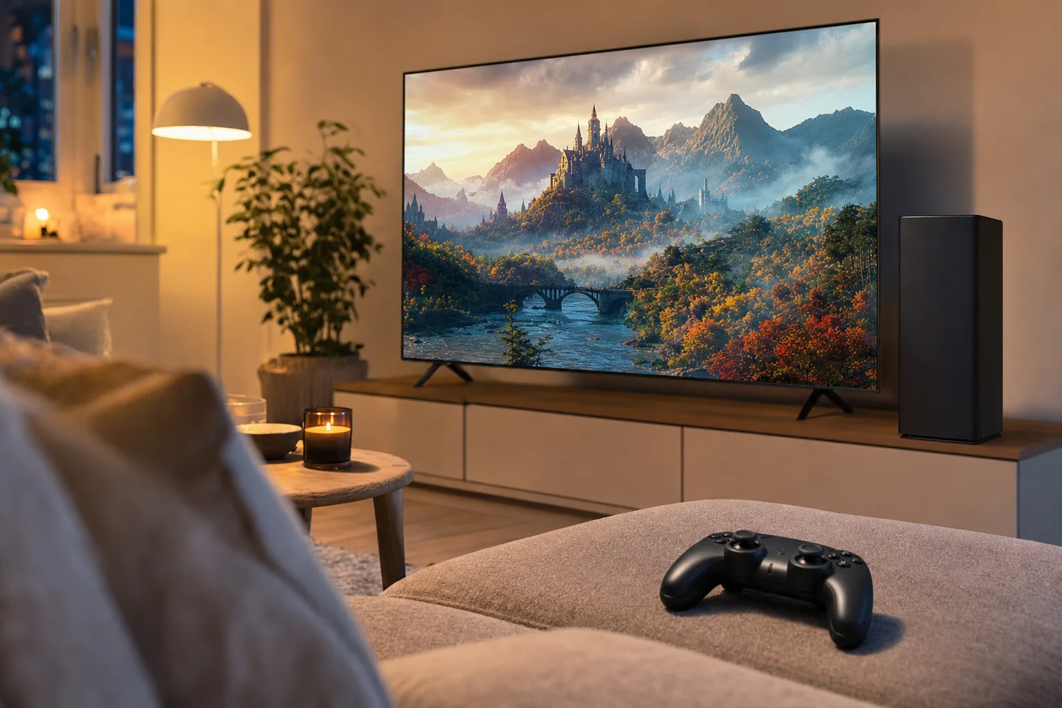 Handkontroll på soffan framför en TV som visar ett PS5-spel med ett färgstarkt landskap i ett kvällsljust vardagsrum