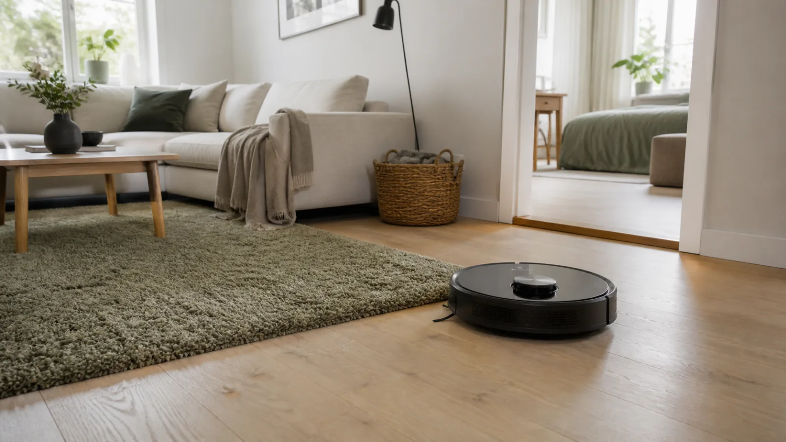 Robotdammsugare på trägolv intill matta och tröskel i ett ljust vardagsrum