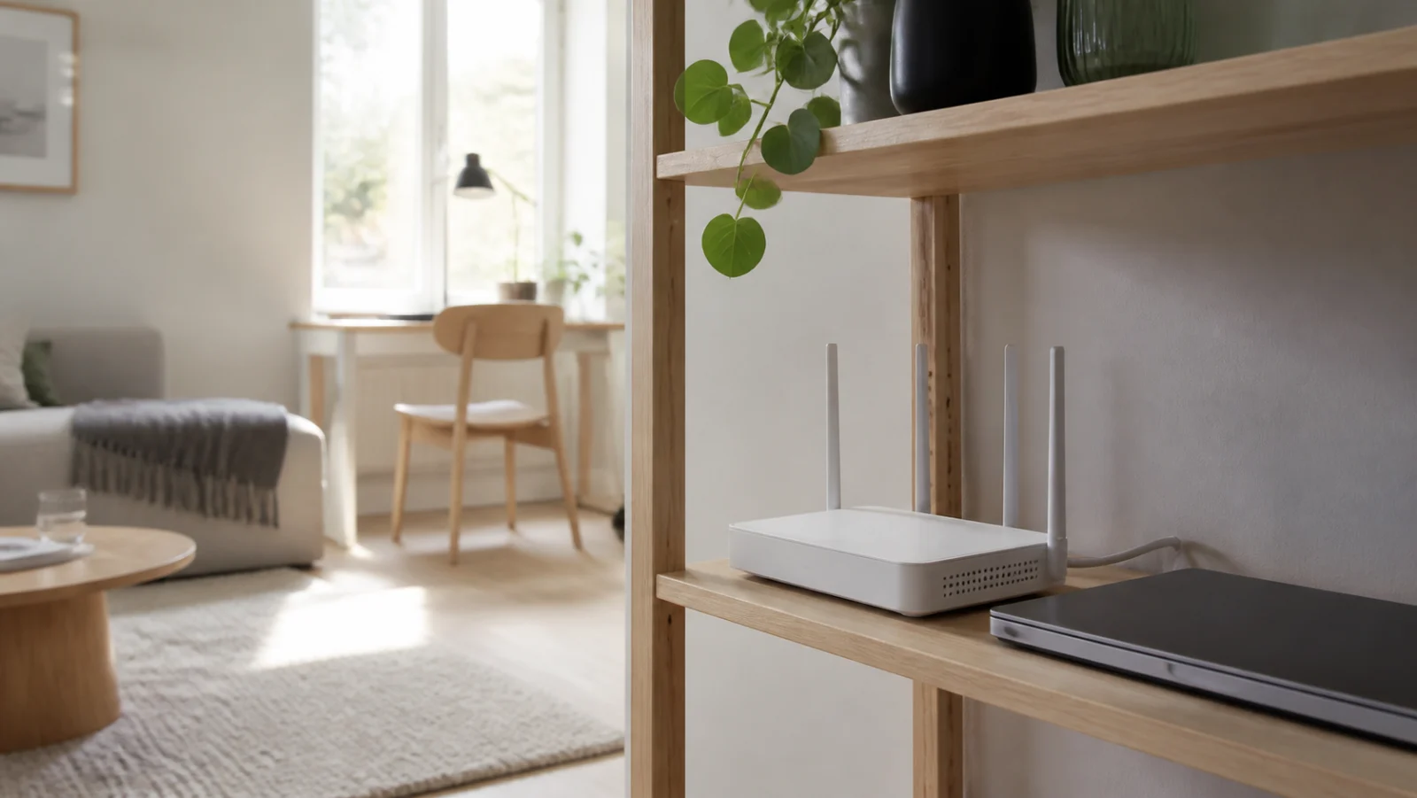 Trådlös router bredvid en bärbar dator i ett modernt hem