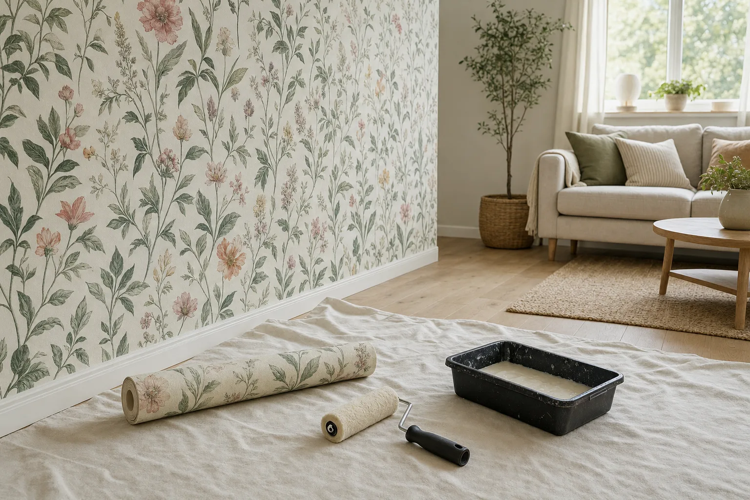 Nytapetserad vägg med blommig tapet i ett ljust vardagsrum, med tapetrulle och roller på golvet