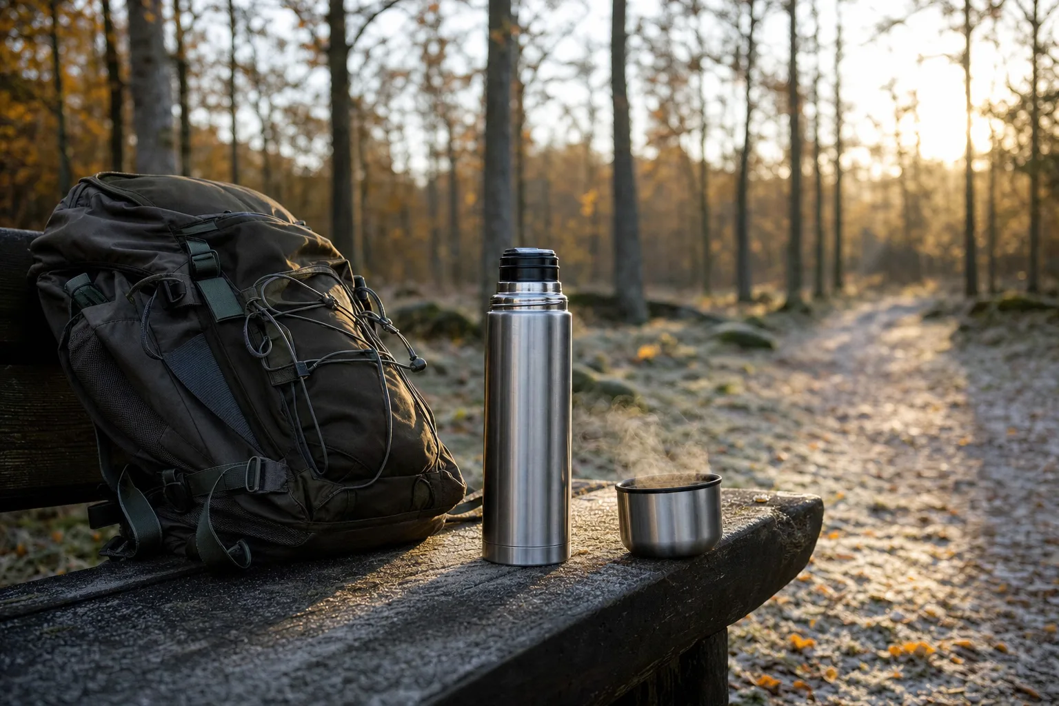 Termosflaska i stål med ångande kaffe i koppen på en bänk vid en skogsstig en kall höstmorgon