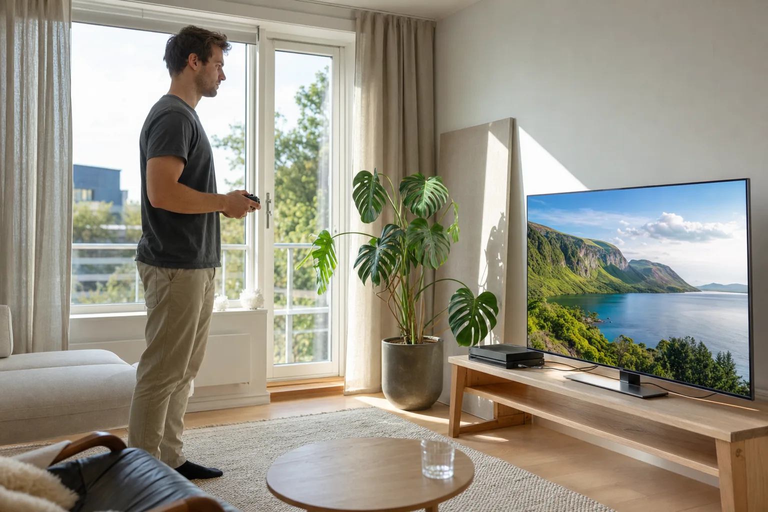 Man med spelkontroll framför en 65 tums TV på TV-bänk i ett ljust vardagsrum