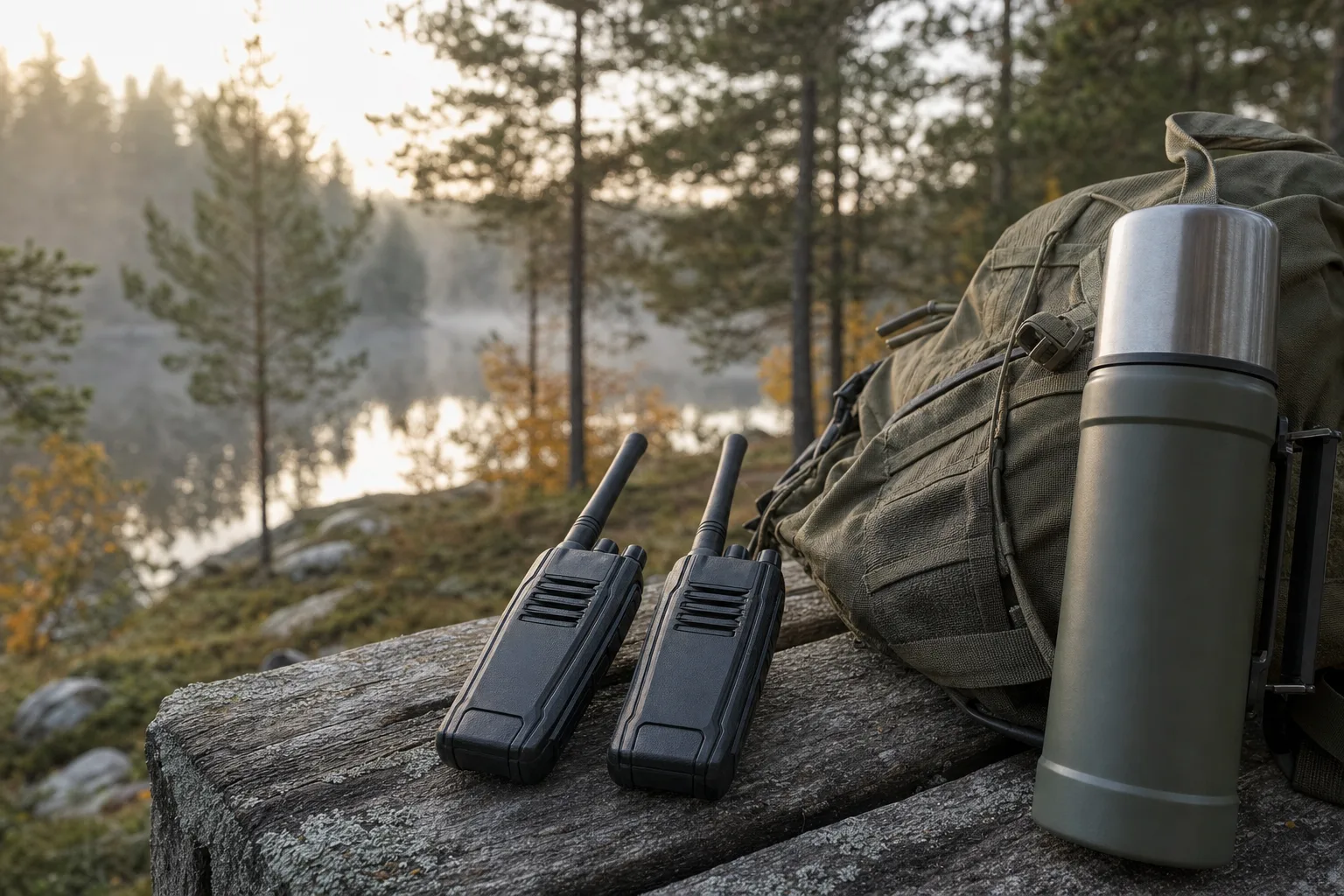Två walkie-talkies på en träbänk vid skogsbrynet bredvid en ryggsäck en dimmig höstmorgon