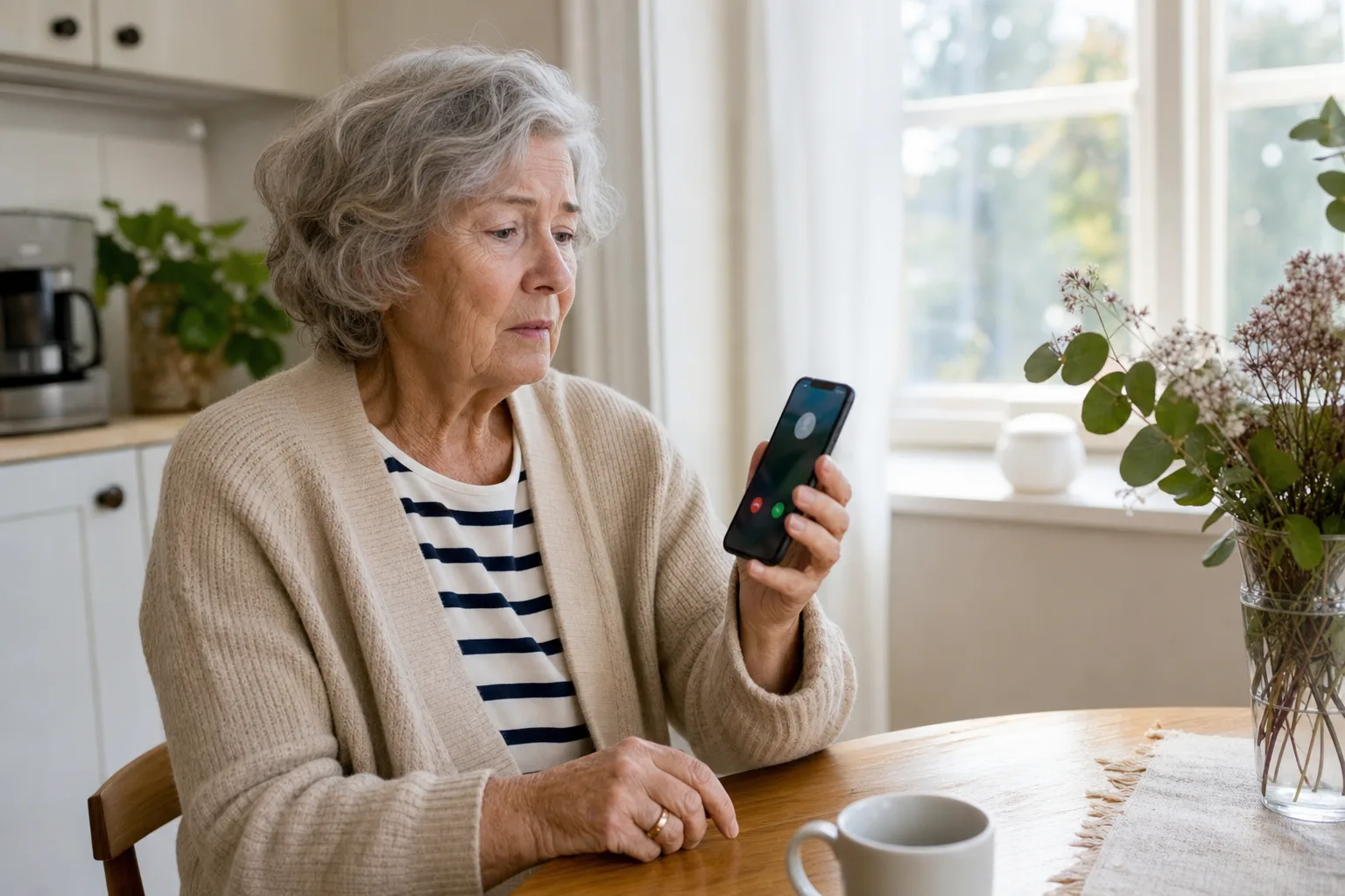 Äldre person som håller en mobiltelefon och tittar på ett inkommande samtal