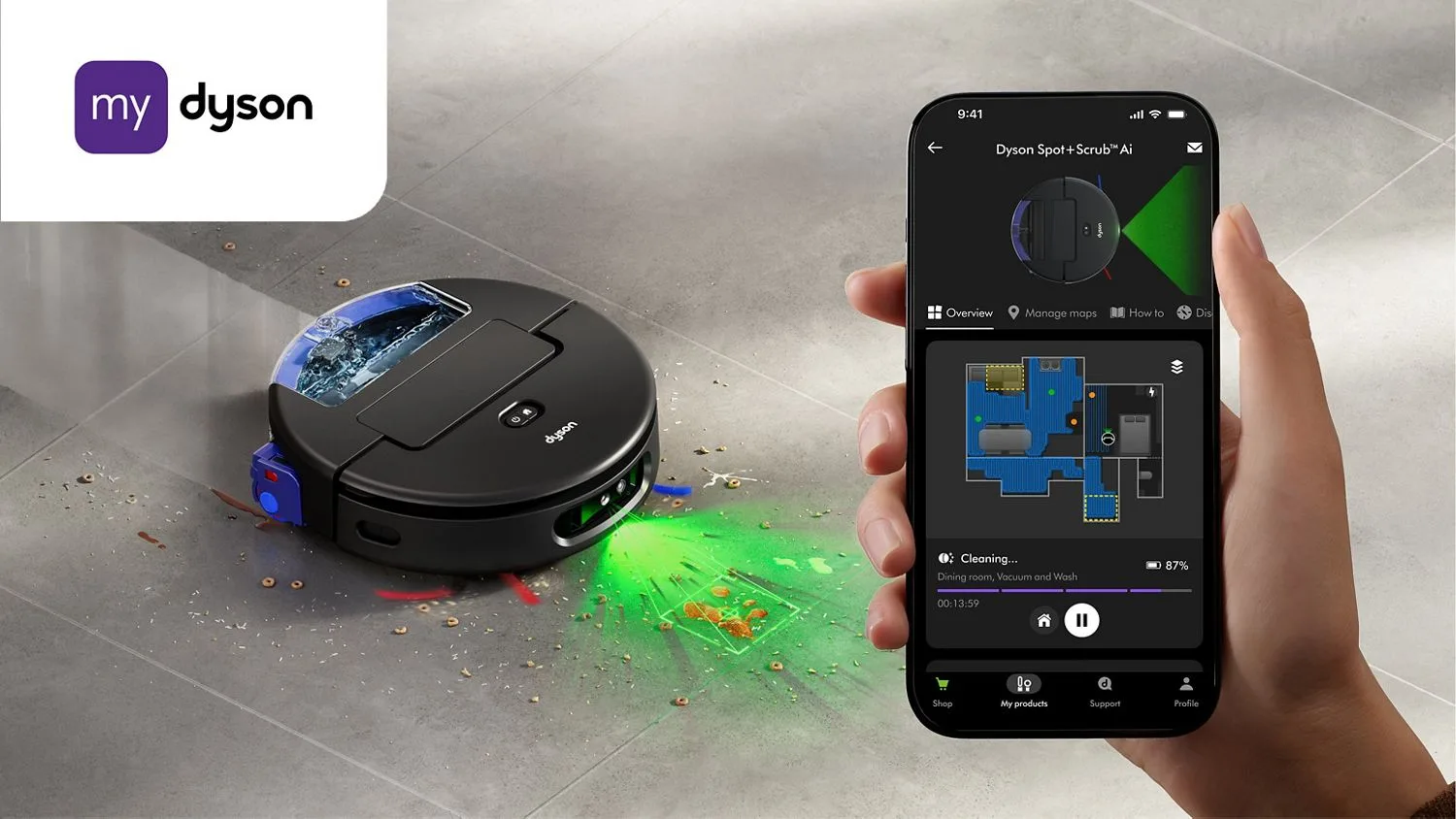 Dyson Spot+Scrub Ai robotdammsugare med mopprulle bredvid sin dockningsstation