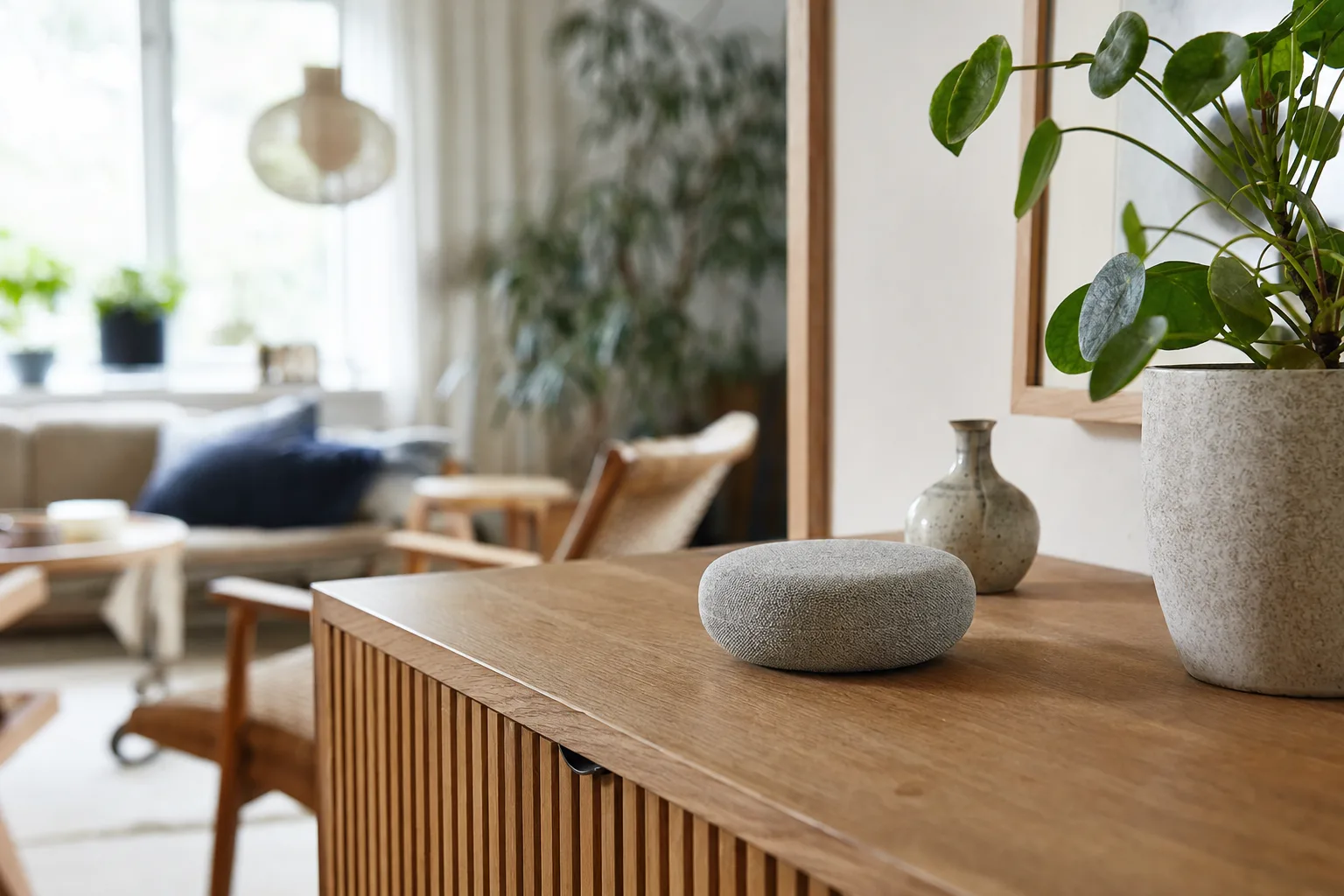 En liten rund smart högtalare på en träbänk i ett ljust vardagsrum