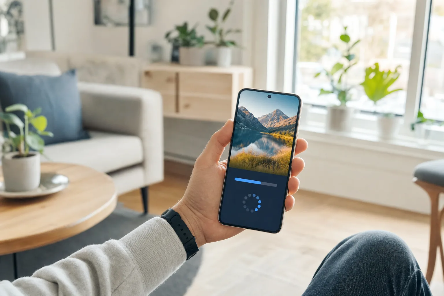 En hand håller en mobiltelefon som visar att en ny programuppdatering finns att installera
