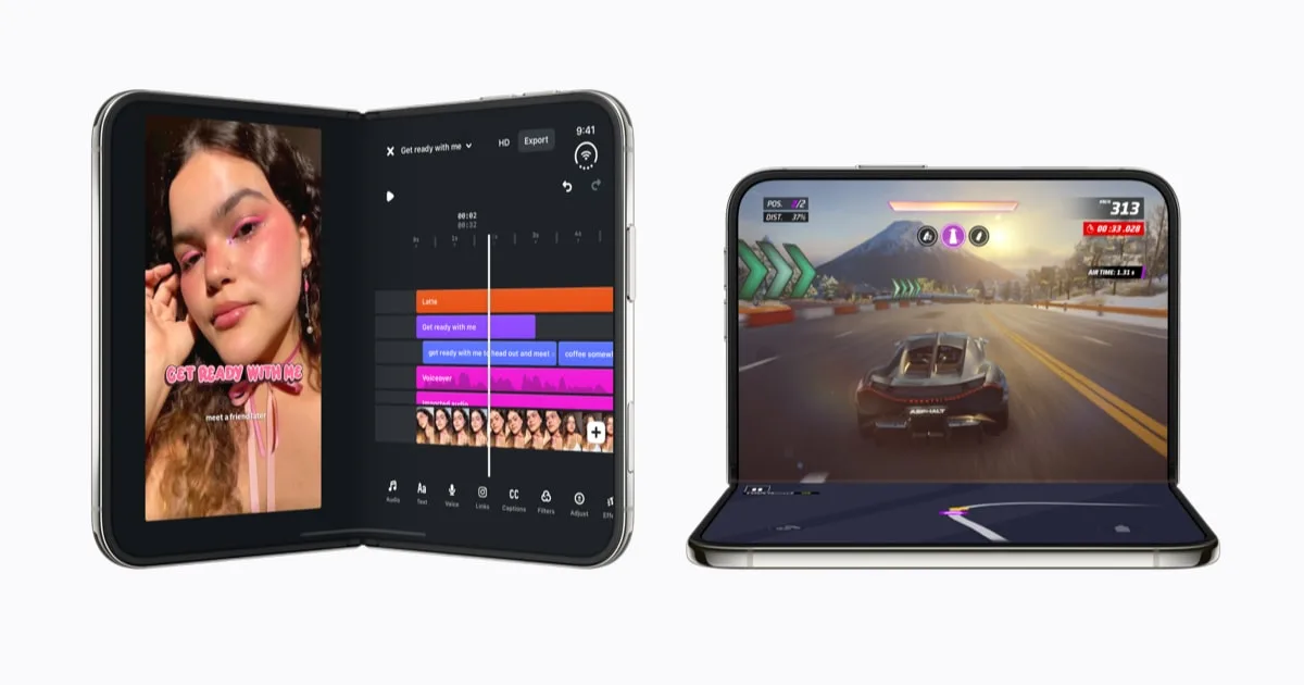 Apple iPhone Duo, den vikbara iPhonen, uppfälld med innerskärmen synlig