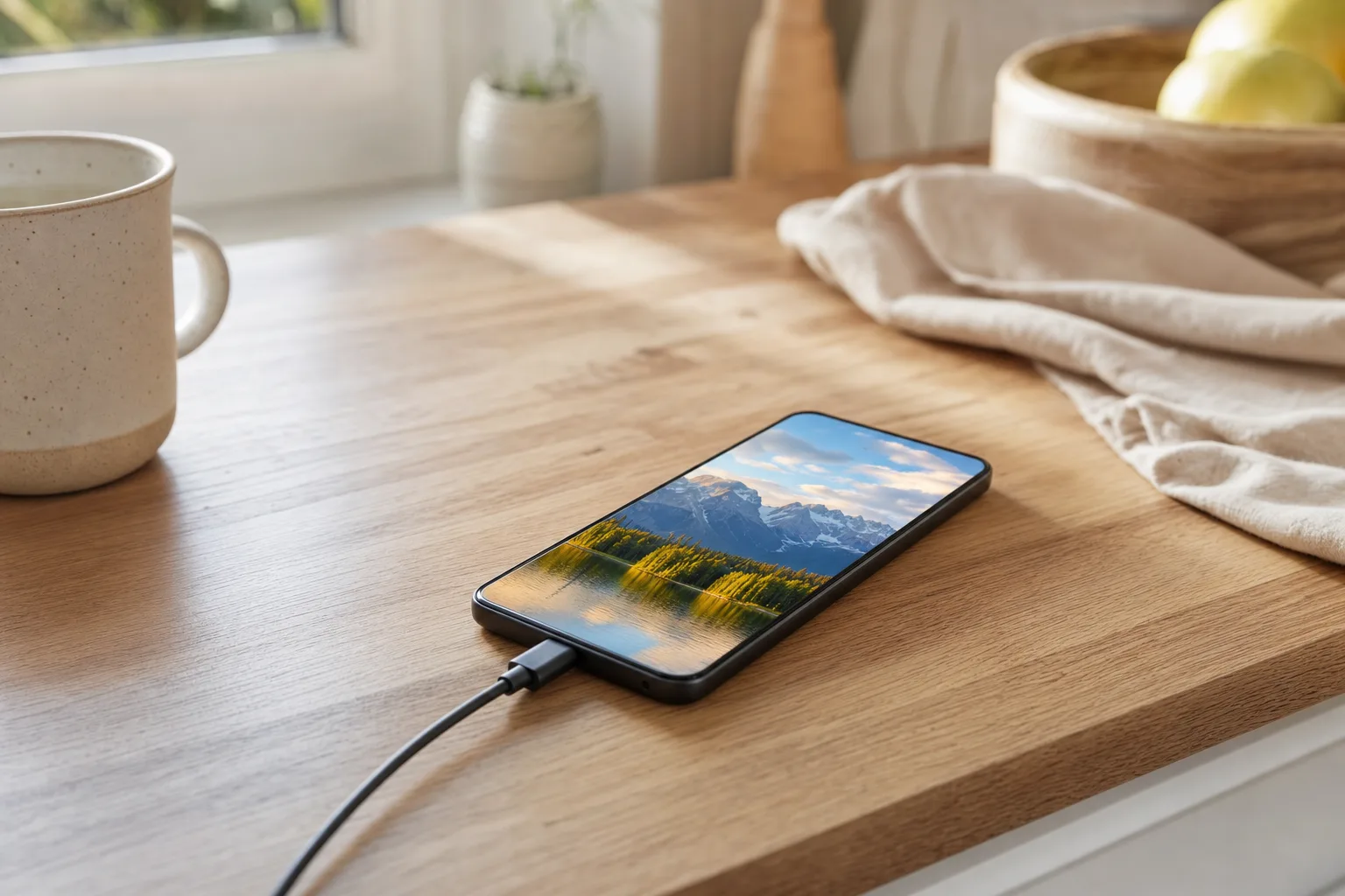 En mobiltelefon som laddas med sladd på ett köksbord i dagsljus