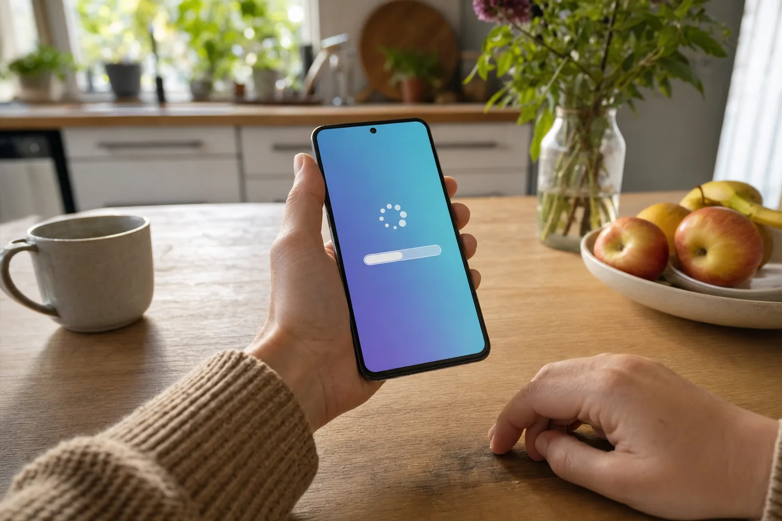 En hand håller en smarttelefon medan en programuppdatering laddas ner