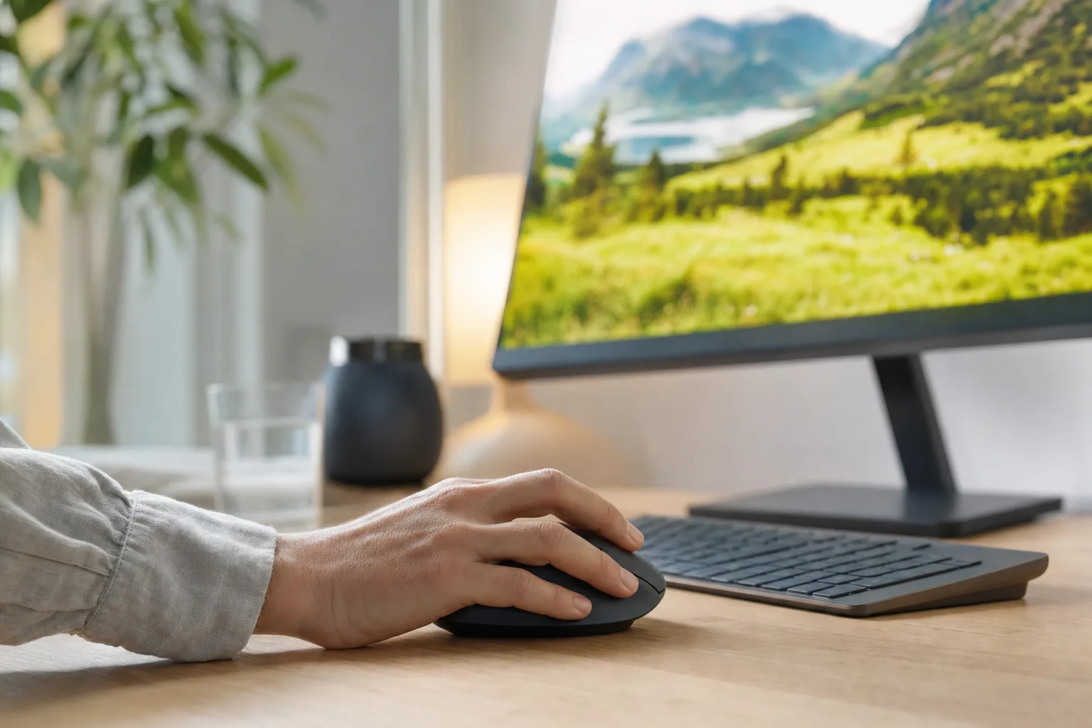 Hand på en datormus bredvid ett tangentbord vid en dator med Windows på skrivbordet