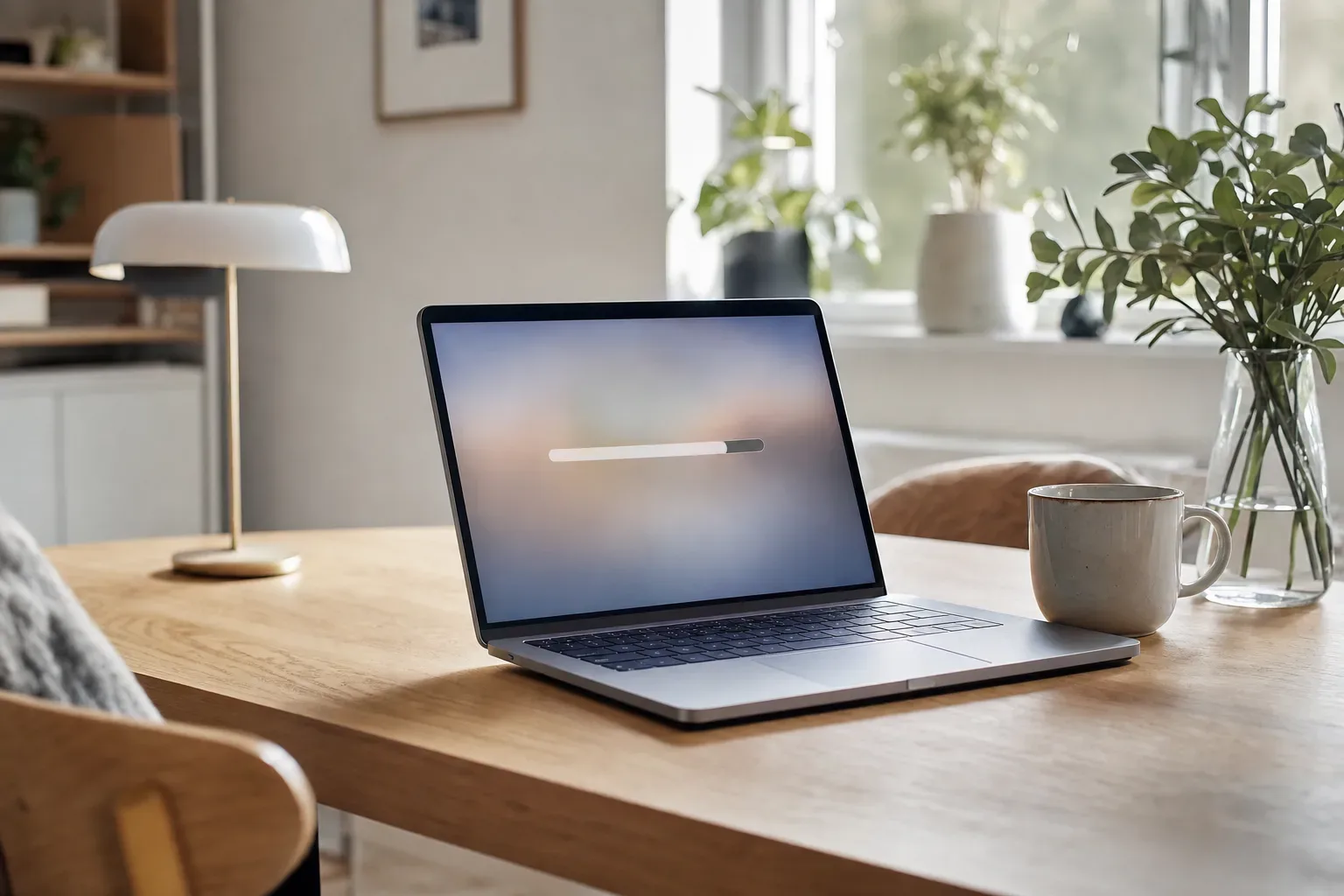 En bärbar dator på ett köksbord där skärmen visar att en systemuppdatering installeras